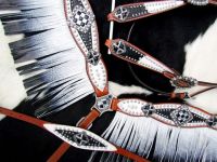 Fringed Headstall - Reins - Breastcollar Set - Black- White -Crystals