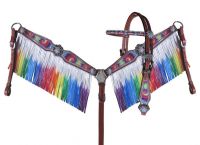 Fringed Headstall - Reins - Breastcollar Set - Rainbow Tie Dyed