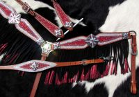 Fringed Headstall - Reins - Breastcollar Set - Red - Silver Glitter and Crystals