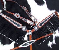 Fringed Headstall - Reins - Breastcollar Set - Singray Black and White with Crystals