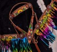 Fringed Headstall - Reins - Breastcollar - Painted Feathers, Sunflowers, Cactus Rainbow