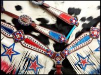Patriotic "Red White & Blue" Headstall, Fringed Breastcollar and Reins w/Star