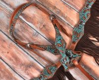 Fringed Headstall - Reins - Breastcollar Set - Turquoise & Brown