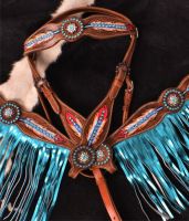 Fringed Headstall - Reins - Breastcollar Set - Feathers and Crystals