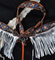 Fringed Headstall - Reins - Breastcollar Set - Turquoise & Crosses