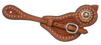 Western Cowhide Spur Straps - Basket Tooling - Silver Dots & Stars