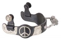 Black Steel Ladies Bumper Spurs with Engraved Silver Peace Sign Overlay