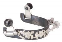 Black Steel Ladies Bumper Spurs with Engraved Floral Silver Overlay