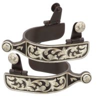 Western Ball End Spurs -Brown Iron - Silver Floral Trim