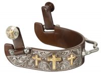 Western Bumper Spurs - Antiqued Etched Brown Iron - 3 Crosses